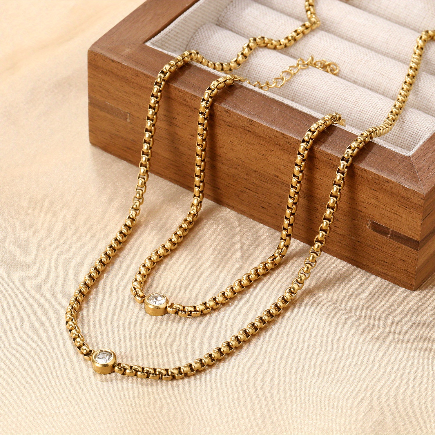 2pcs 316 Stainless Steel Square Necklace and Bracelet Set with Pendant Chain